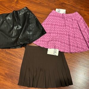 Zara Black Leather, Pink Patterned, and Brown Pleated Skirt Trio